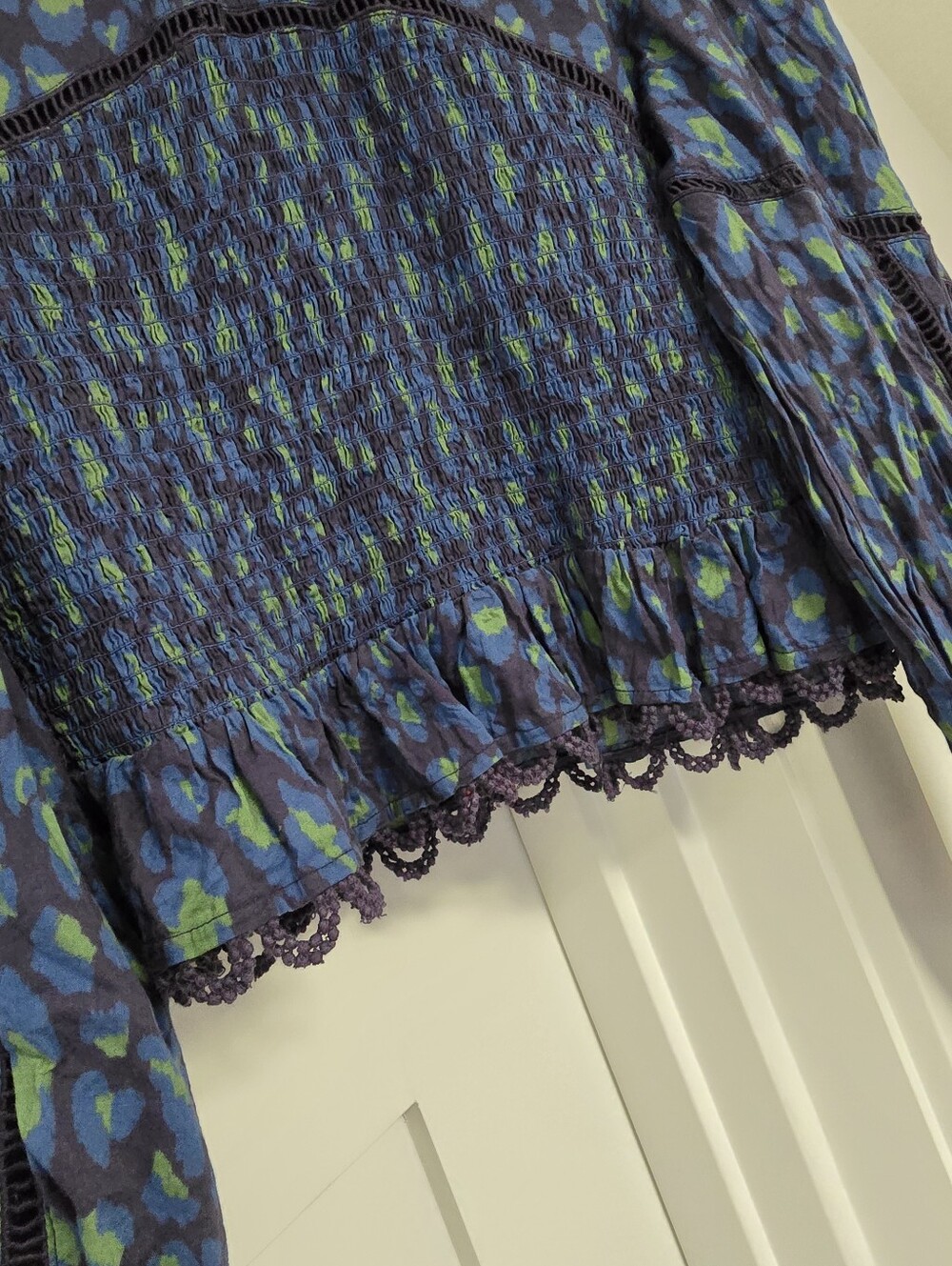 FARM Rio Blue and Green Smocked Peplum Blouse - Picture 7 of 15